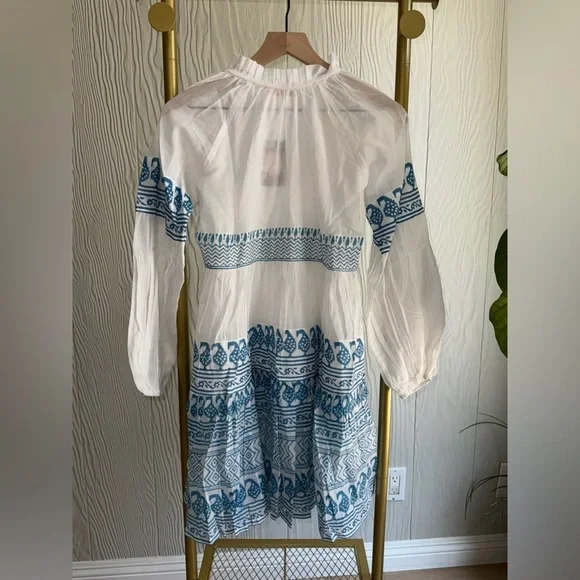 New OLIPHANT Balloon Long Sleeve Short Dress Santorini Blue & White Floral Print - Picture 3 of 10